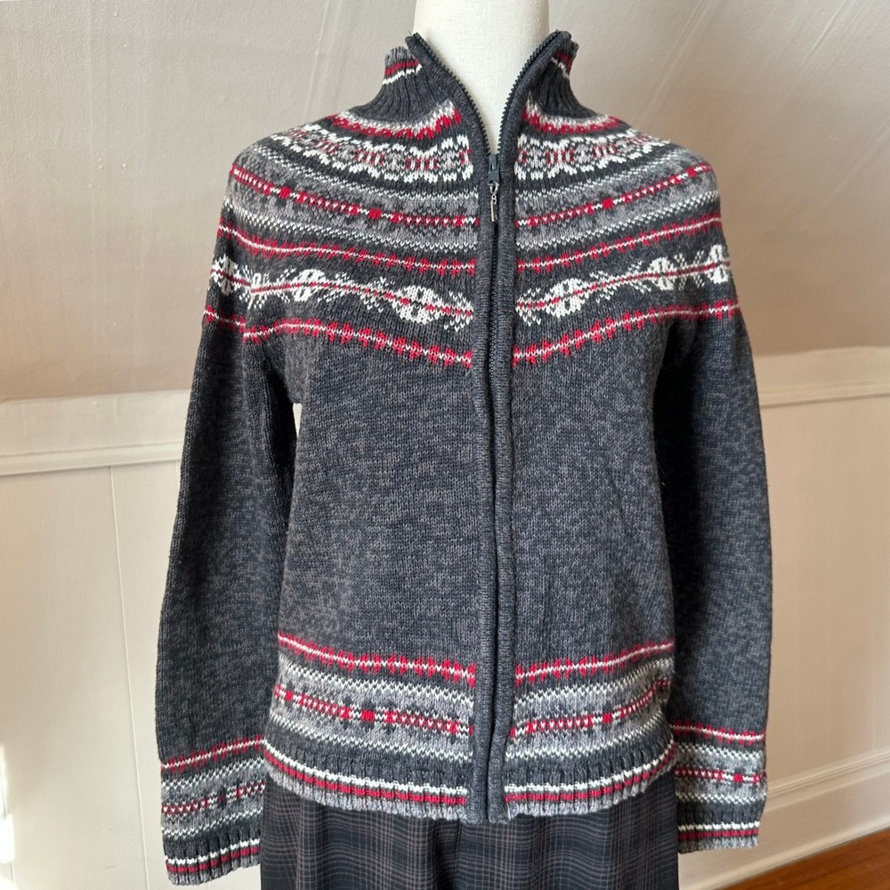 Tiara International Fair Isle Zip Up Sweater Charcoal Red White Small‎